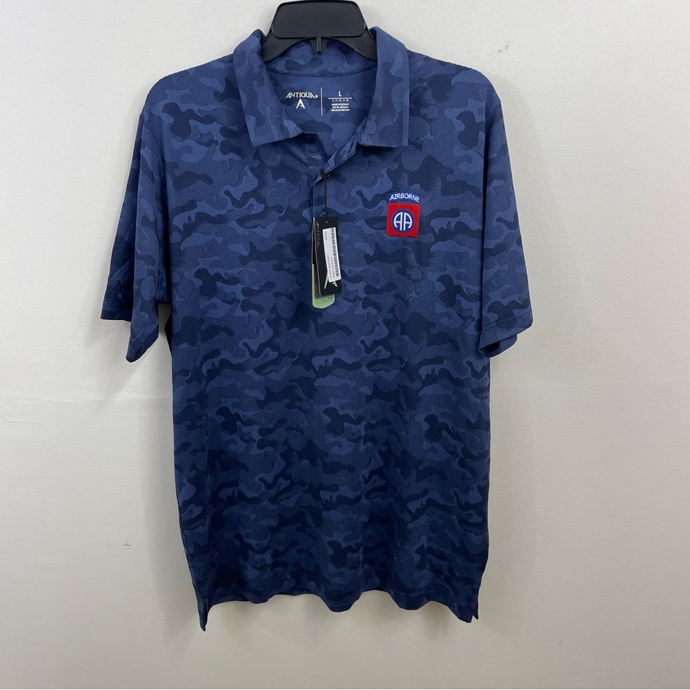 NWT Antigua blue camouflage camo polo shirt with Airborne embroidery badge golf